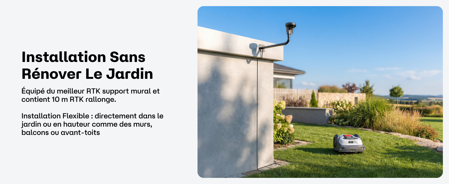 Le texte se lit comme suit : « Installation Sans Rénover Le Jardin ». Scène extérieure montrant une pelouse ou un jardin avec des images de démonstration de l'installation.
