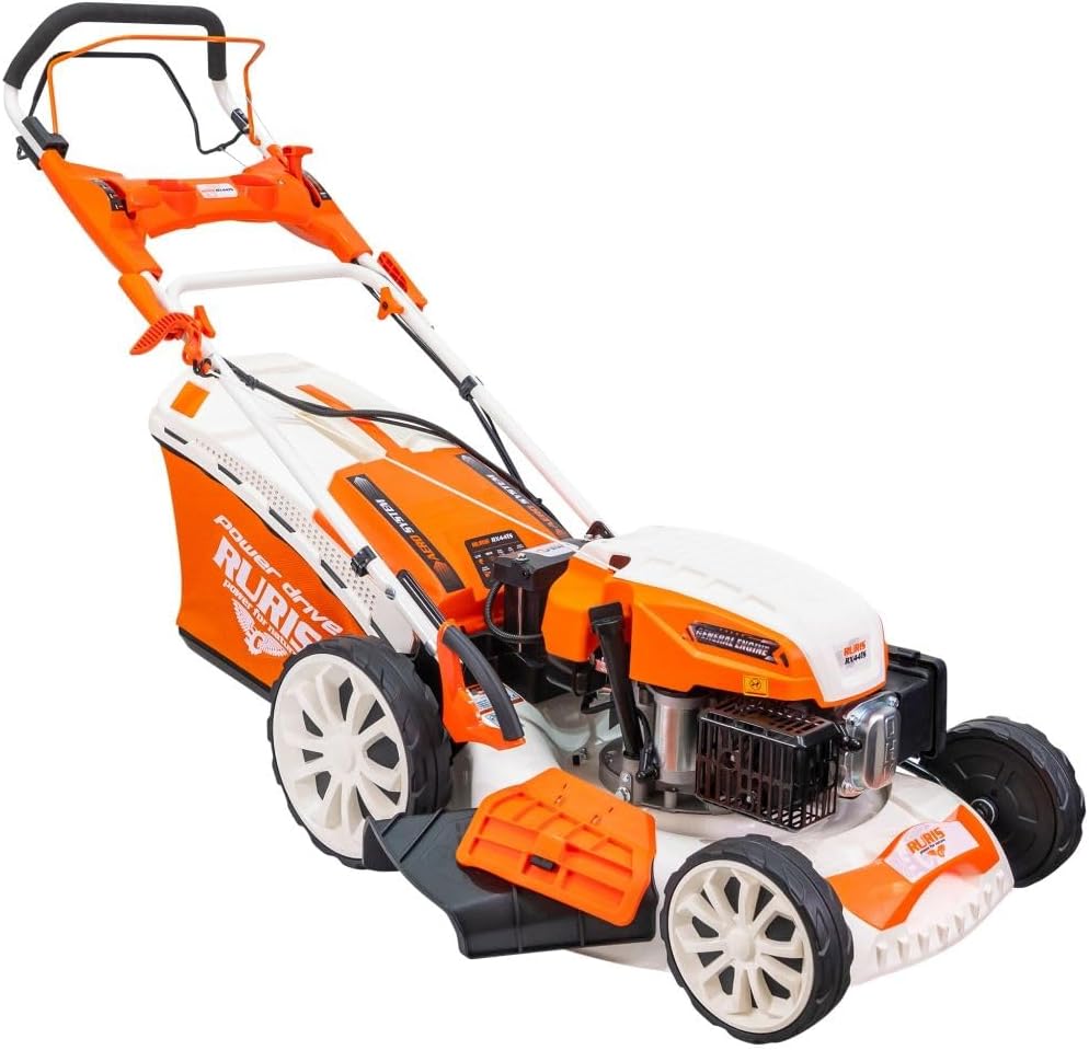 RURIS Tondeuse à Gazon Thermique RX441S 5,7 CV – Largeur 51 cm, Démarrage Électrique, Autopropulsée à Vitesse Variable, 5 Fonctions, 2000 m², Bac 65L, Orange