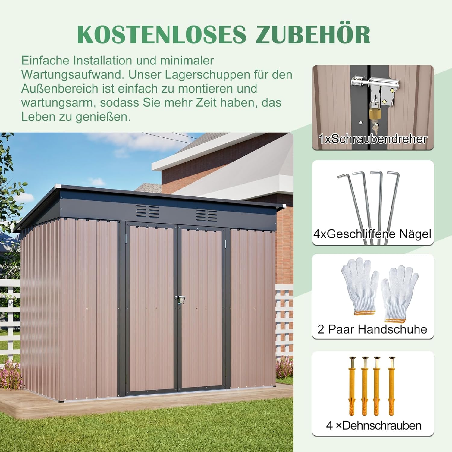 Abri de Jardin Métal - 8x4 FT - fondation incluse, toit incliné, résistant intempéries, marron