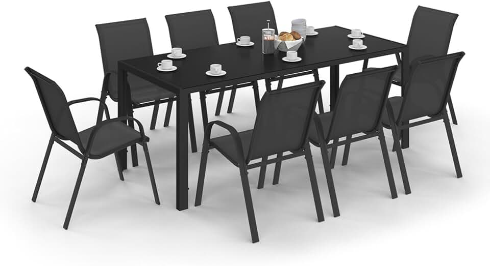 jardinite - Madrid salon jardin, table 190cm, 8 chaises empilables noires