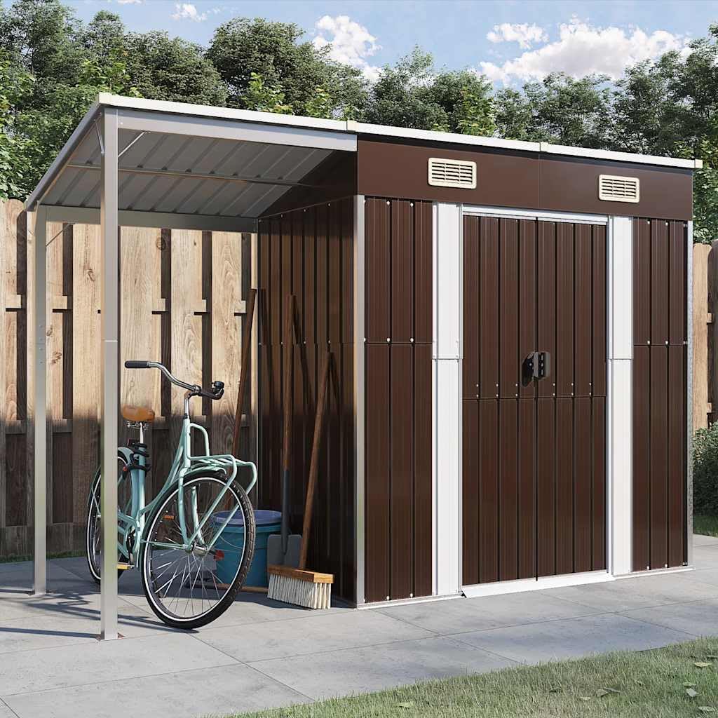 Abri de jardin avec toit prolongé marron 277x107x181 cm acier , Maison & jardin , Pelouses & jardins , Vie en extérieur , Structures extérieures , Cabanes & abris de jardin, Brun, (Poids 41.73KG)