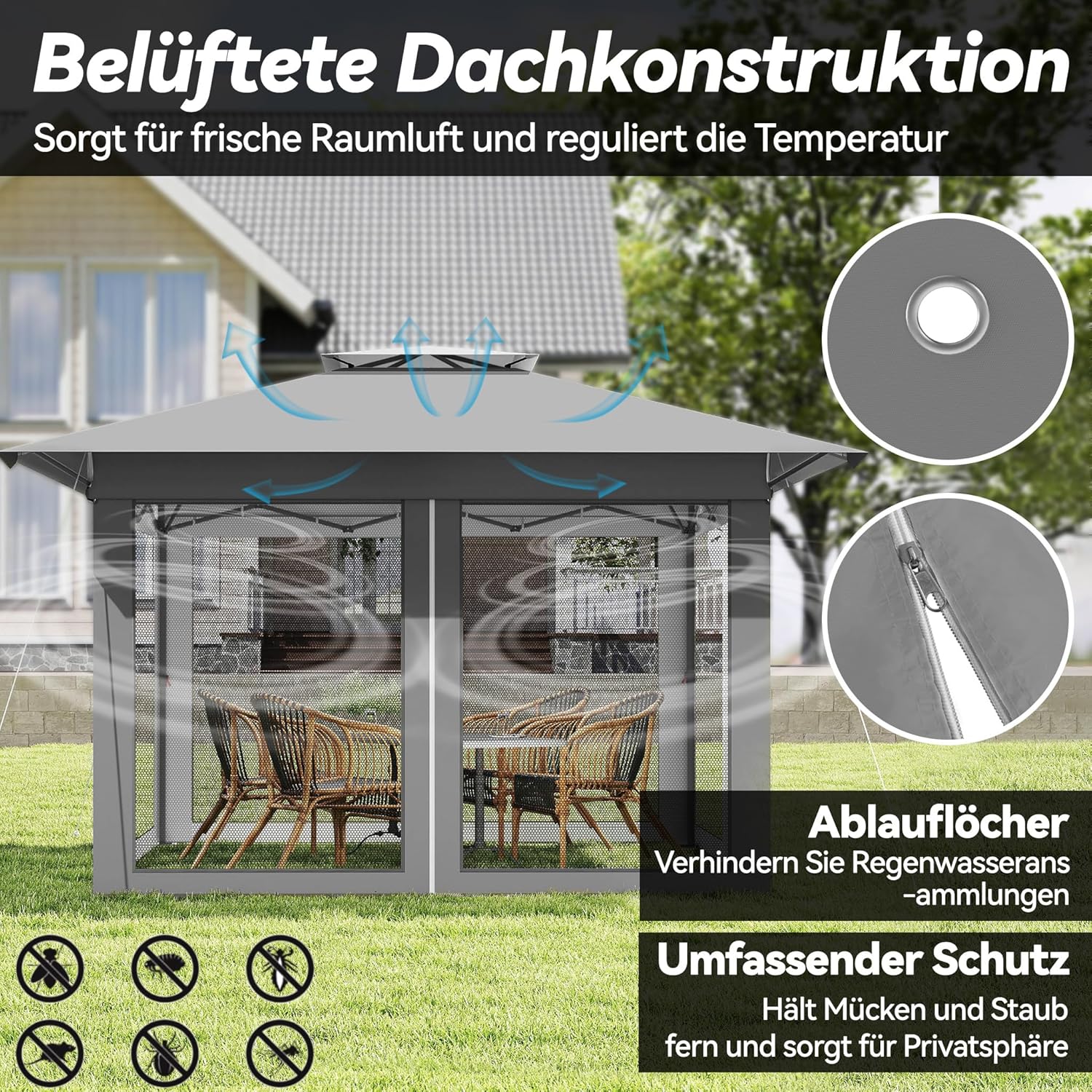Tonnelle de jardin - Pop Up 4x4m - imperméable, UV, réglable, moustiquaire