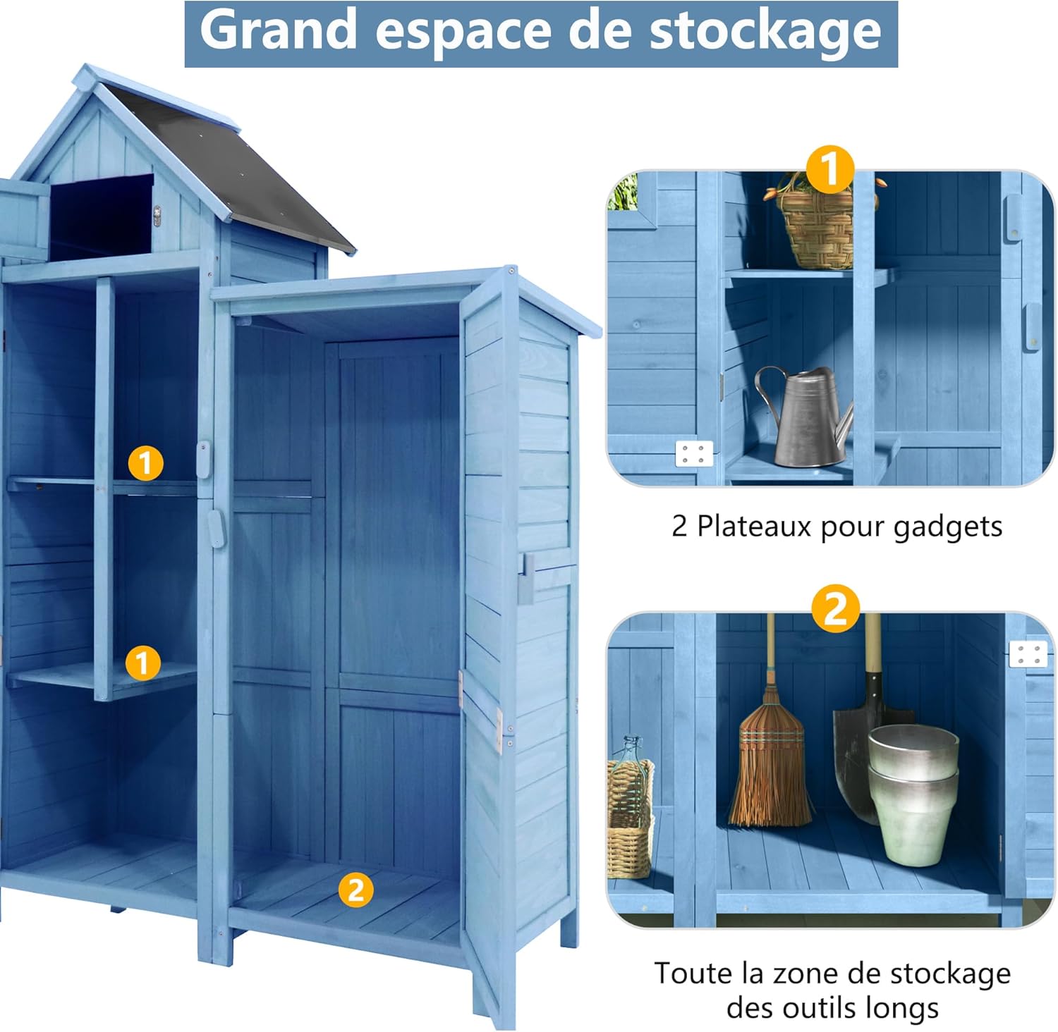 Abri de Jardin en Bois, Cabane de Jardin avec Toit en PVC incliné à loquet, Coffre de Jardin avec Fondation et 2 étagères de Rangement, Armoire Outils de Jardinage, 118x54x173cm Bleu