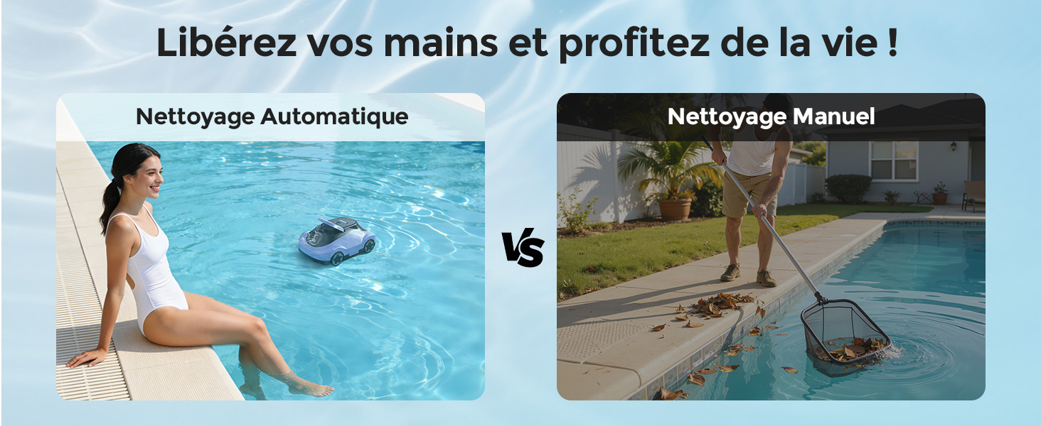 Le texte se lit comme suit : « Libérez vos mains et profitez de la vie ! » « Nettoyage automatique » « Nettoyage manuel ». Panneau divisé montrant le dispositif de nettoyage de piscine utilisé dans les piscines.