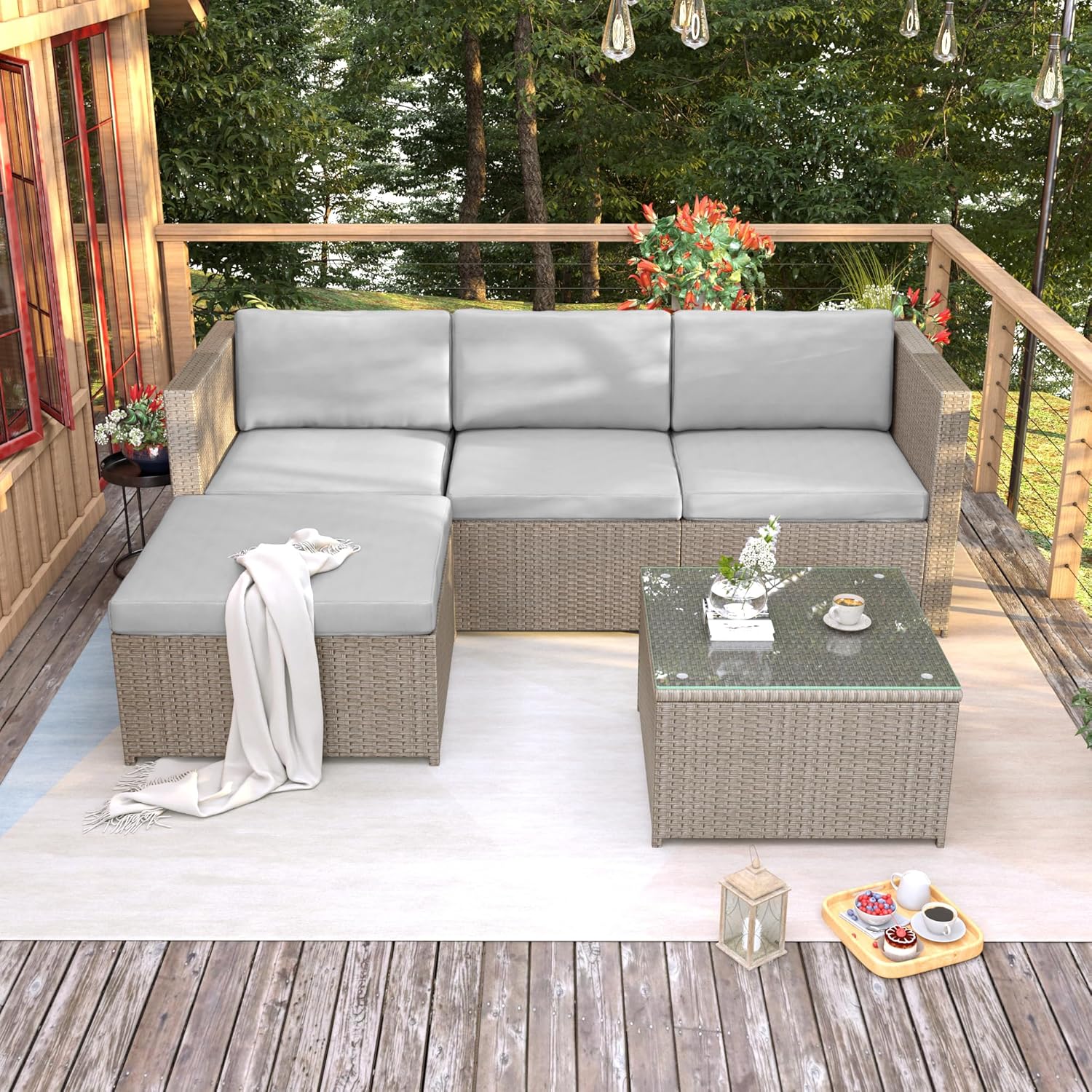 Salon de jardin modulable poly rotin 4 places, coussins, table verre