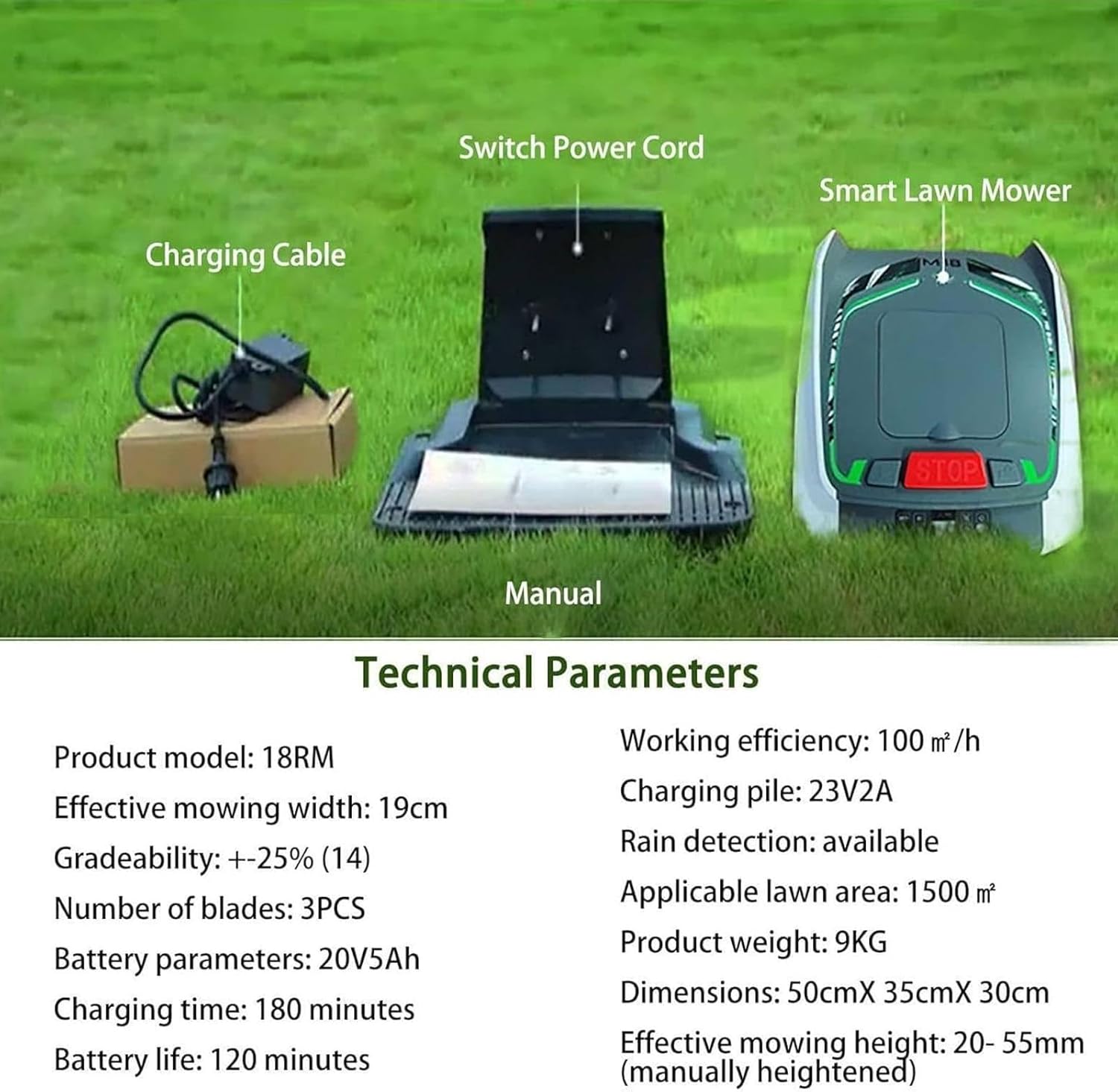 Robot tondeuse - 1500m², 19cm/20-60mm, pluie, WiFi, 35% pente