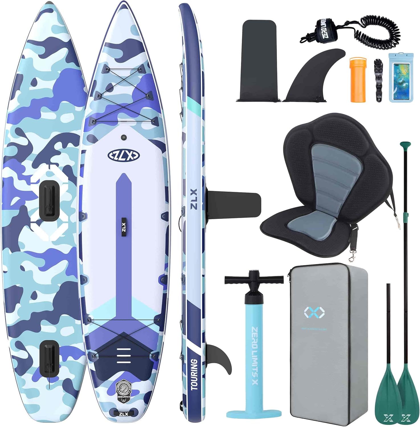 ZLX - Planche Touring - 350cm - Paddle gonflable, siège kayak, 180kg, longue distance