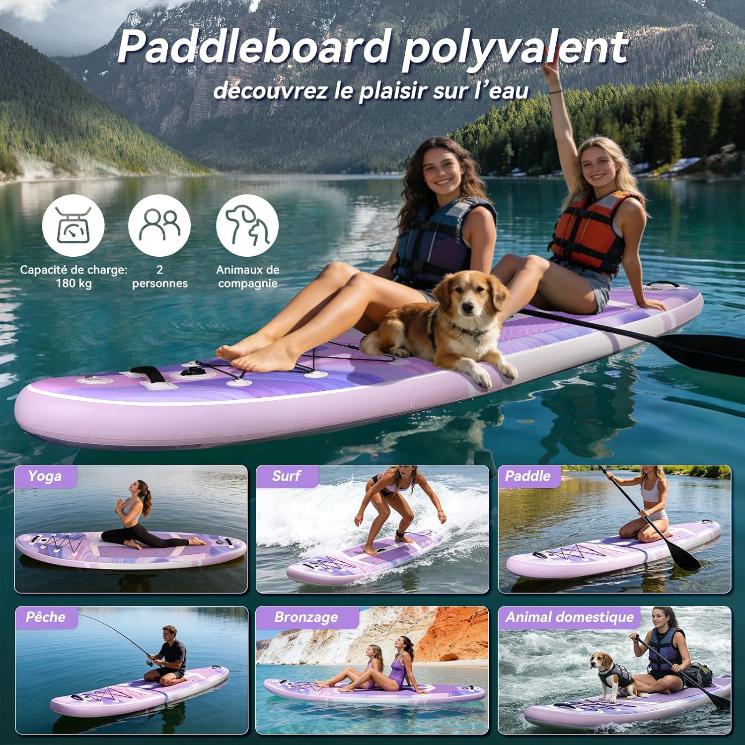 jardinite - Paddle Gonflable Série Adulte - 320/335cm - 2 personnes, siège kayak, pagaie alu, support caméra, jusqu'à 15