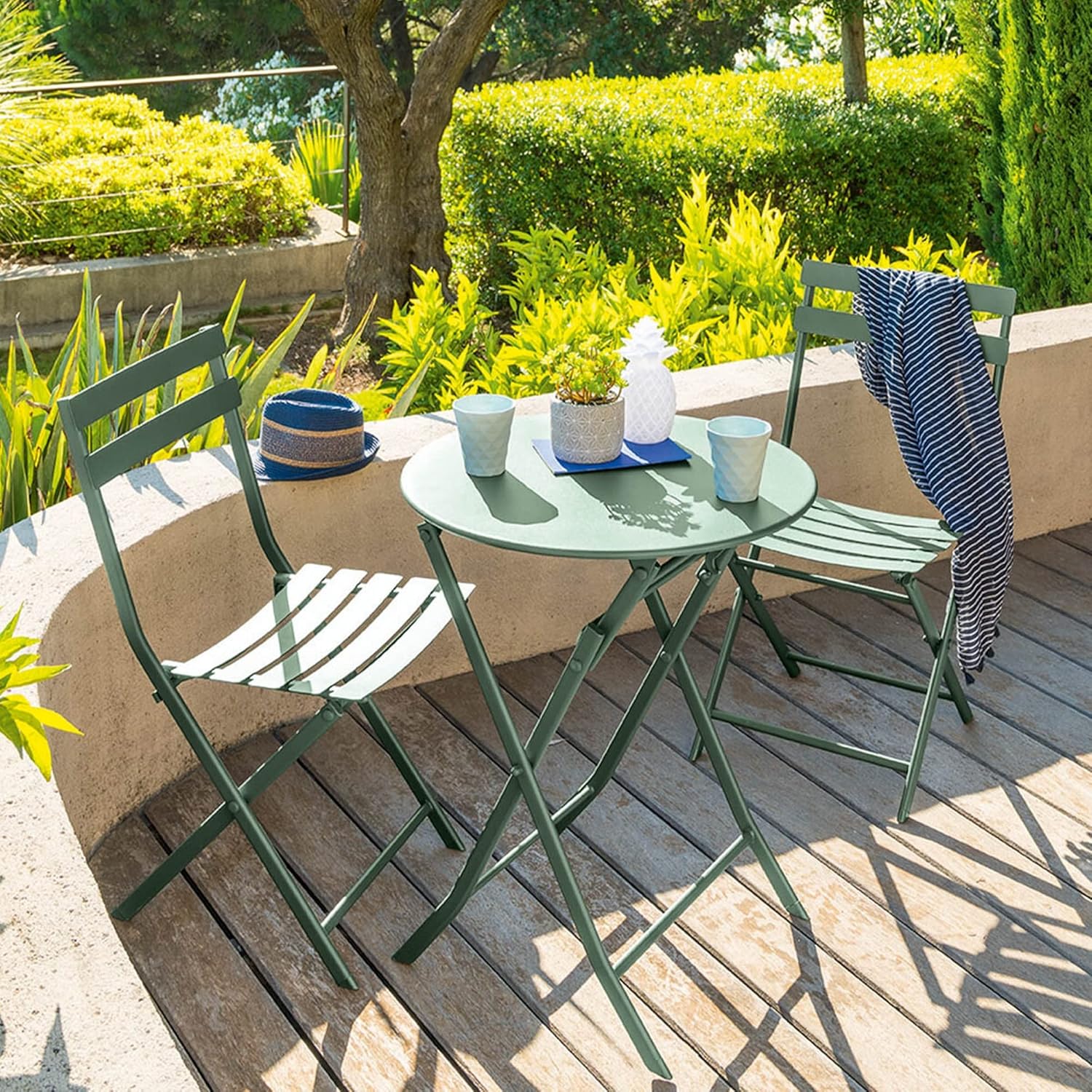 jardinite - Greensboro - Ø60 cm - Table de jardin pliante acier vert 2 places