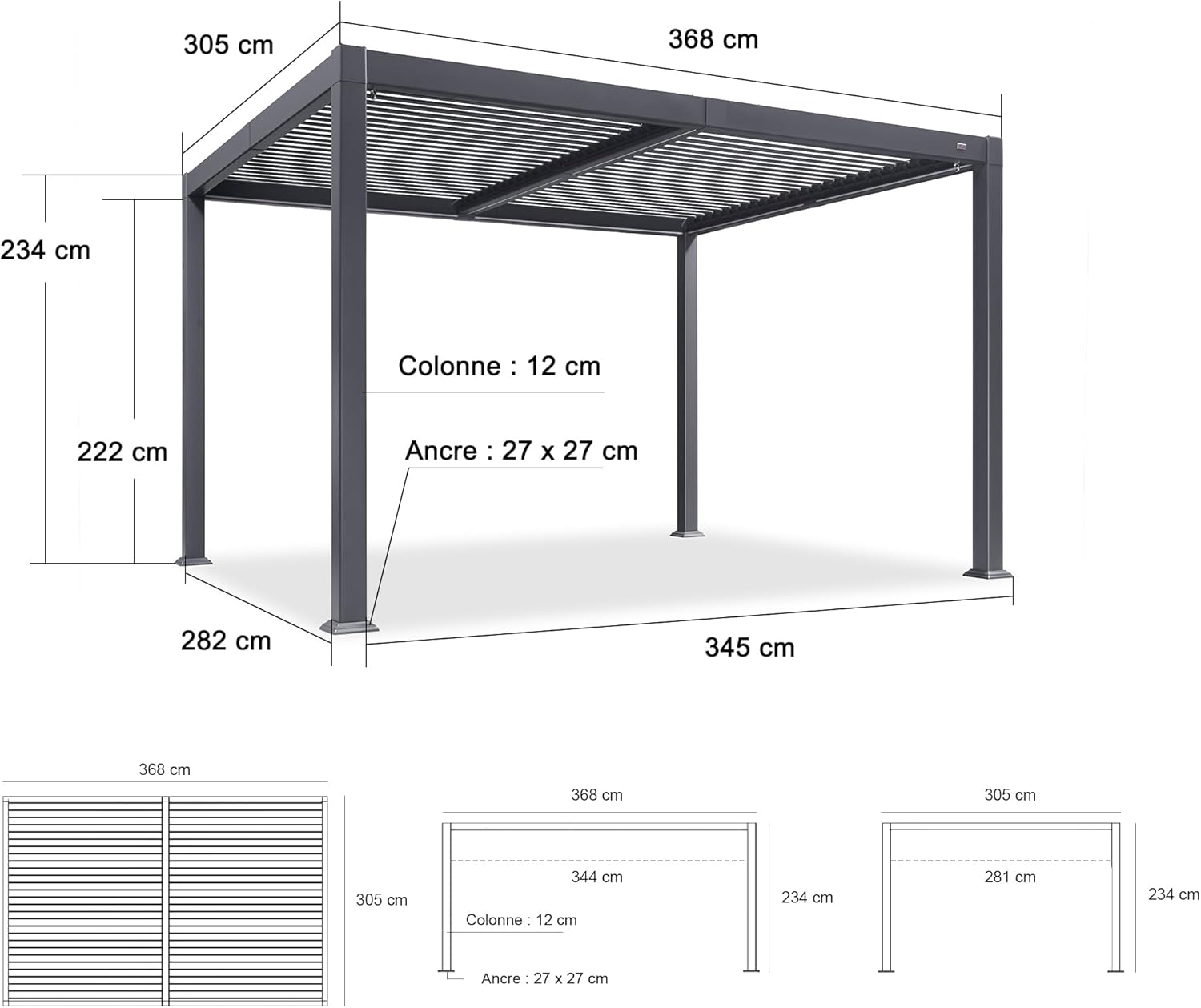 jardinite - Pergola bioclimatique - 3 x 3,65 m - aluminium, lames orientables, LED, imperméable