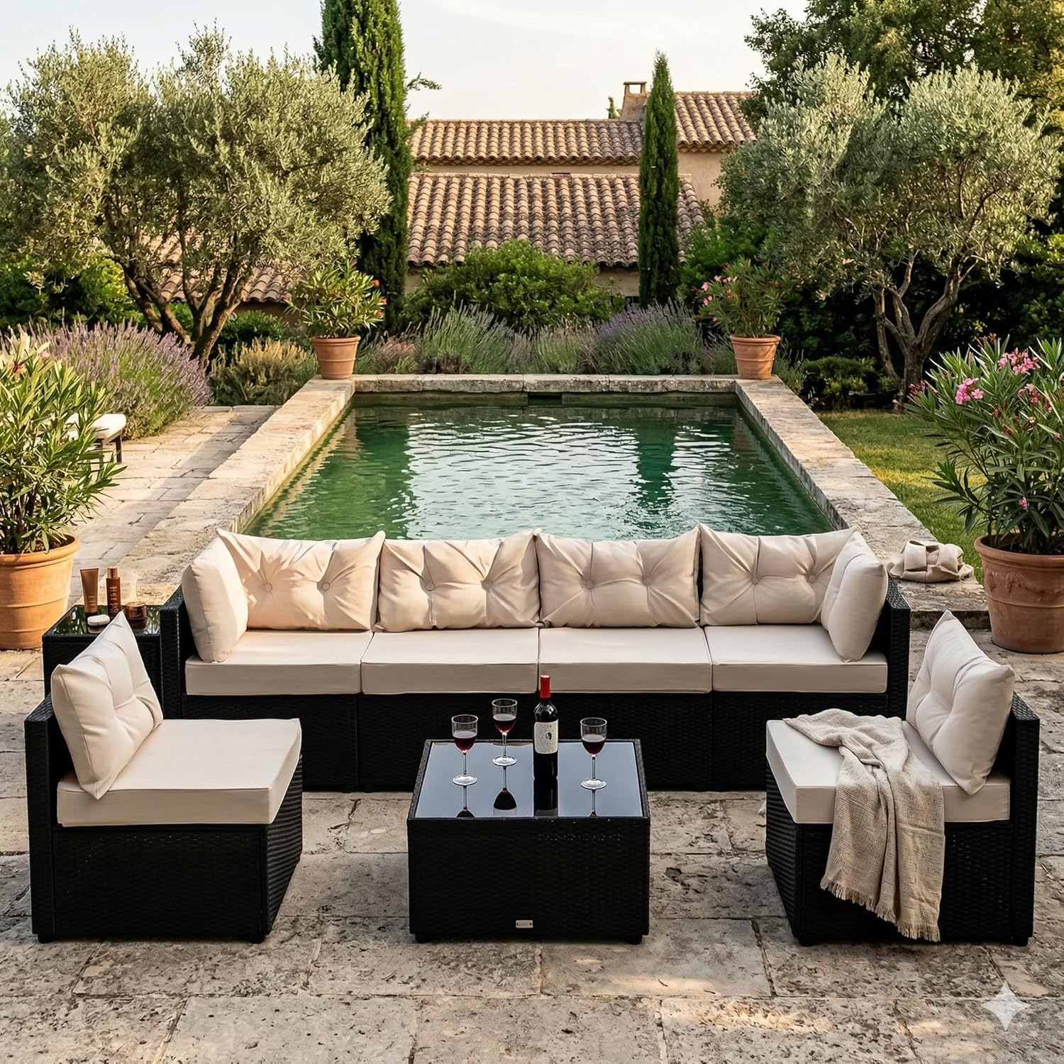 jardinite - NACULA - Salon de jardin 5 places, résine tressée, coussins beige, table basse verre, extérieur