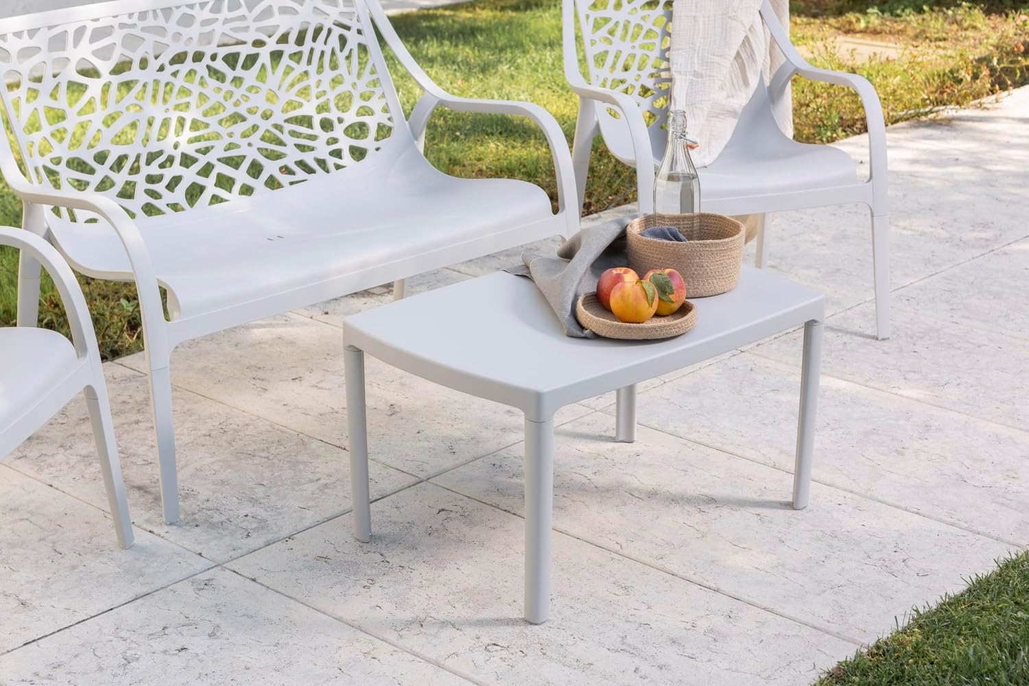 Salon de jardin - Maratea - 2 places + 2 fauteuils + table - polypropylène & fibre de verre, empilable, imperméable, gri