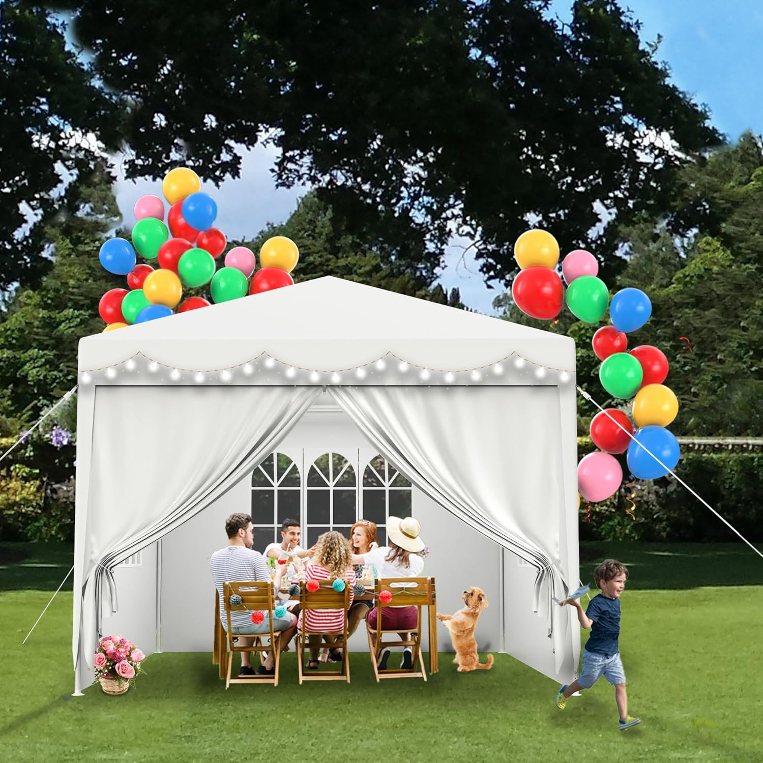 LZQ - Tonnelle de jardin 3x3m, montage emboîtement, imperméable, 4 parois, fenêtres, toit