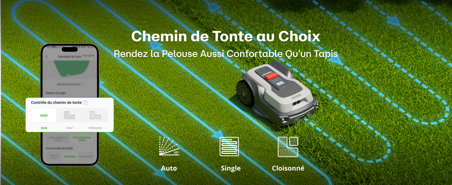 Le texte indique « Chemin de Fonte au Choix » sur une vue aérienne de champs agricoles verdoyants avec des éléments d'interface de style navigation.