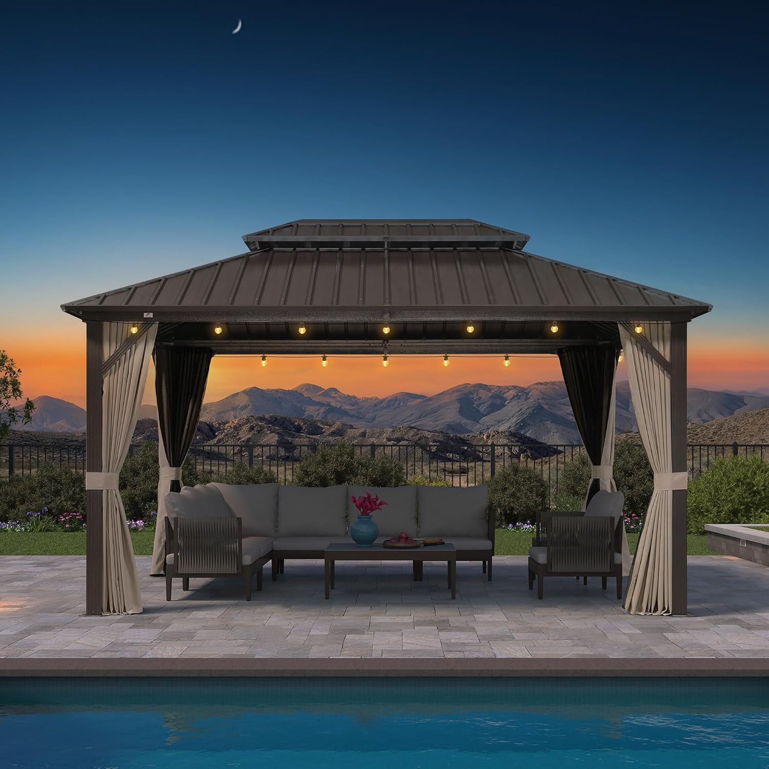 jardinite - Pergola toit rigide - 4,25x3m - acier, aluminium, guirlande