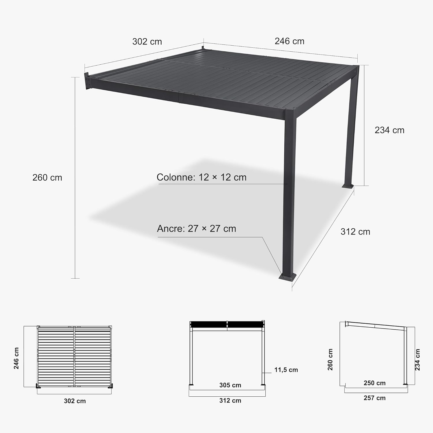 jardinite - Pergola bioclimatique adossée - 2,5x3 m - aluminium, lames orientables, résistante intempéries