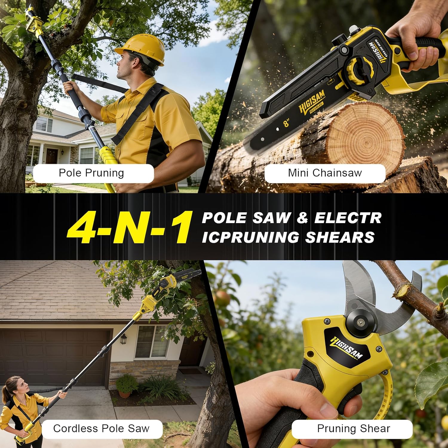 Mini scie à chaîne sans fil - 8 pouces, 4-en-1, batterie 4,0Ah, tige télescopique 4,2m