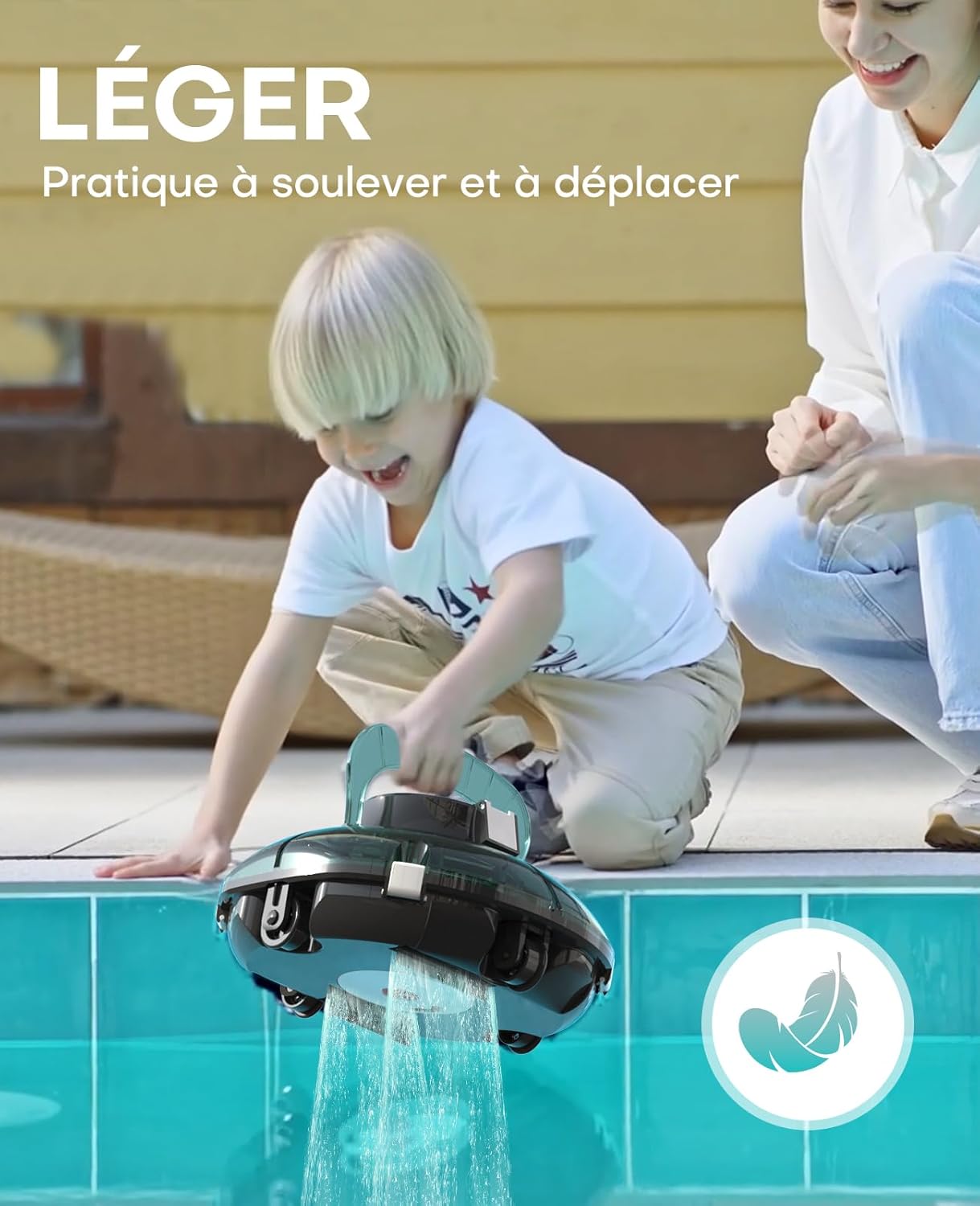 jardinite Winny 200 Robot Piscine, Aspirateur Piscine Sans Fil Avec Batterie, Autonomie 75 Min pour Piscines Hors-Sol 60m², Double Filtration,Stationnement Automatique(Transparent Vert Blanc)