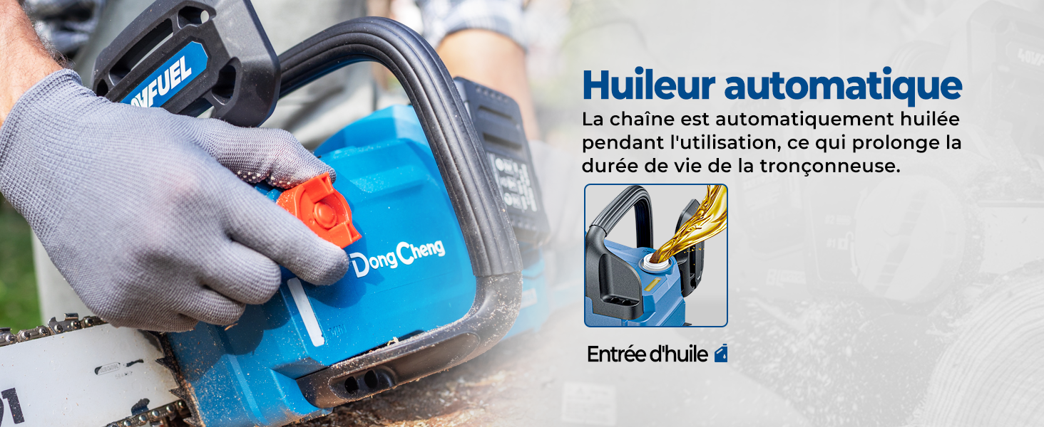 Gros plan d'une tronçonneuse en cours d'utilisation, dotée d'un système d'huilage automatique. Réservoir d'huile bleu visible. L'image en encart montre de l'huile coulant sur une chaîne