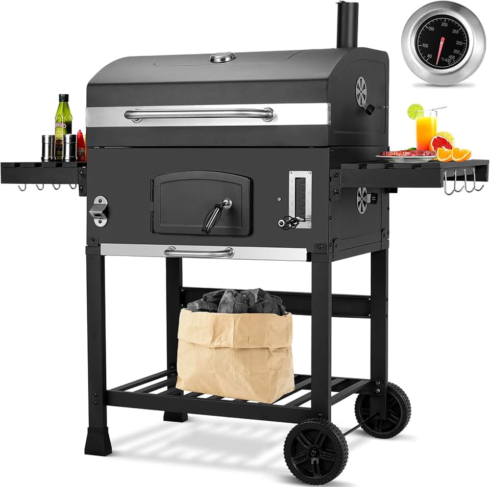 jardinite - Barbecue XXL, charbon, chariot, couvercle, thermomètre, fumoir, hauteur réglable