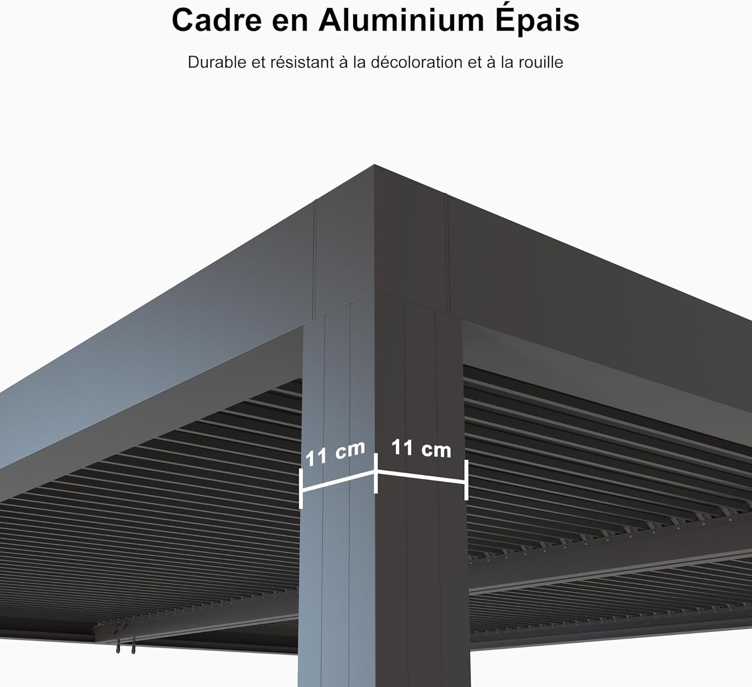 jardinite - Pergola aluminium bioclimatique 4,8x3m, lames orientables, persiennes fixes, gris