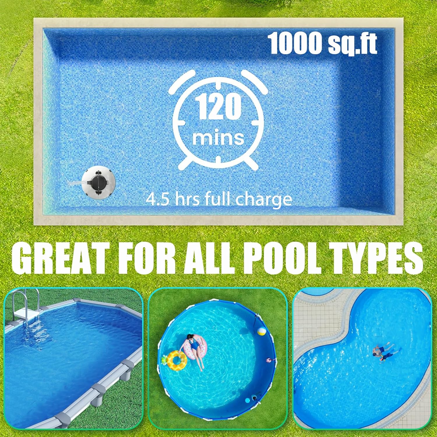 2026 Robot aspirateur de Piscine sans Fil pour Piscine Hors Sol 120 Minutes d'autonomie, Nettoyeur de Piscine Automatique pour Piscine creusée jusqu'à 1000 Pieds carrés Robot de Piscine autoparquant