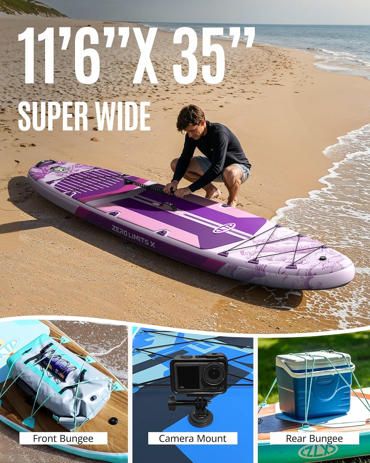 ZLX - Paddle gonflable série Extra Large - 350x89 cm - planche antidérapante stable, accessoires premium, siège, pompe, 