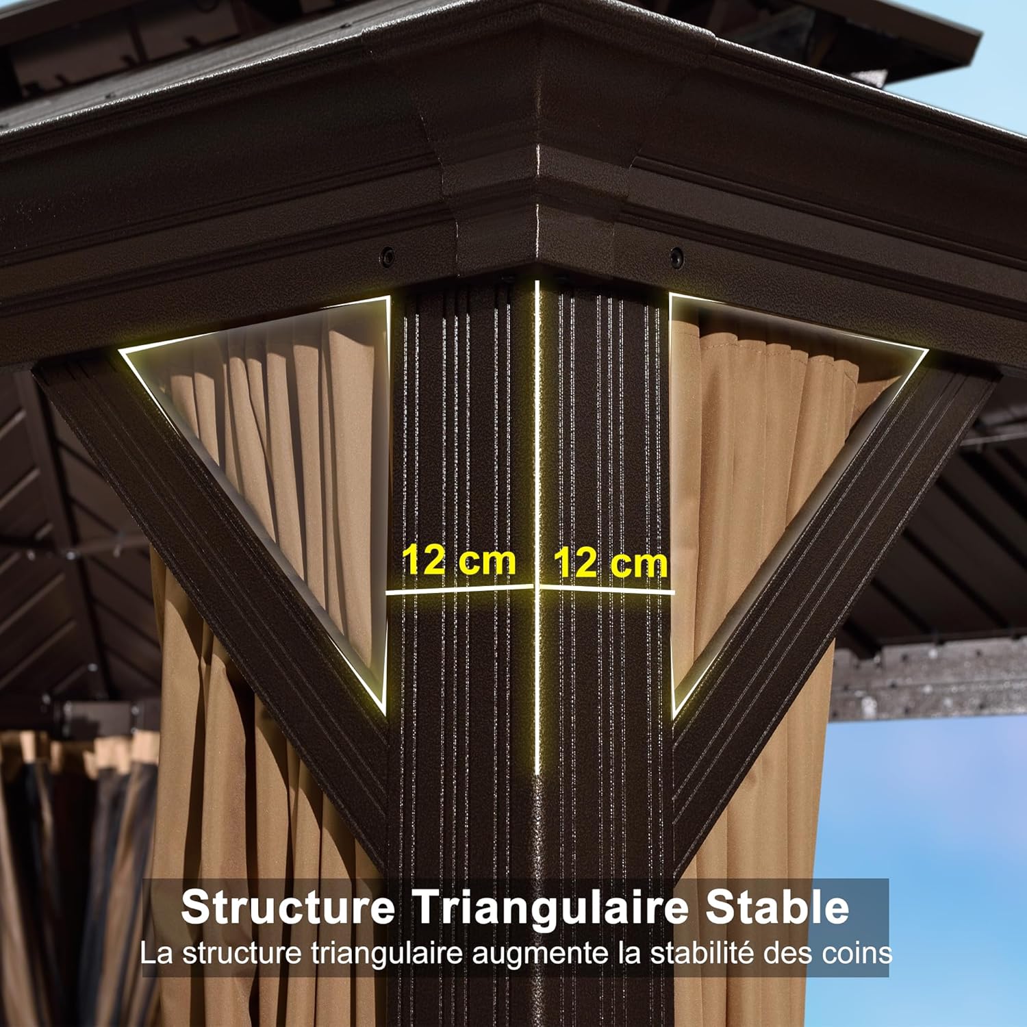 jardinite - Tonnelle aluminium série éclairée - 4,85x3,65 m - gouttière, rideaux moustiquaires, poteaux renforcés, bro