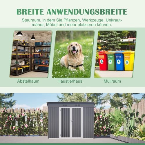 Abri de jardin en métal 242 x 126 x 182 cm – Armoire de jardin résistante aux intempéries avec toit incliné et ventilation – Porte verrouillable, cadre de fondation pour jardin, terrasse, vélo et
