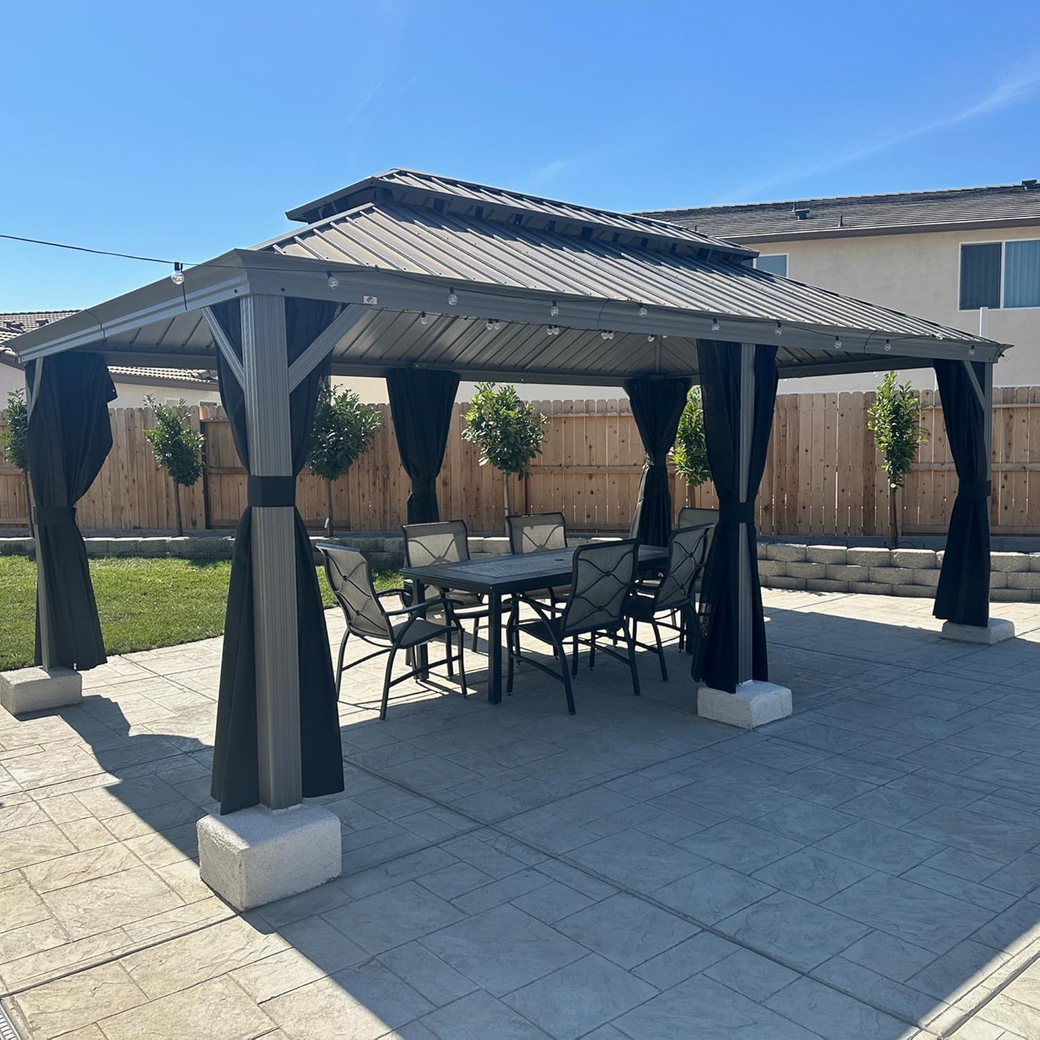 jardinite - Pergola double toit aluminium 3,65x6m rideaux LED, Gris -
