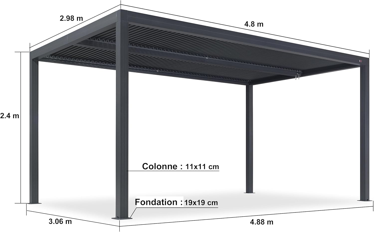 jardinite - Pergola aluminium bioclimatique 4,8x3m, lames orientables, persiennes fixes, gris