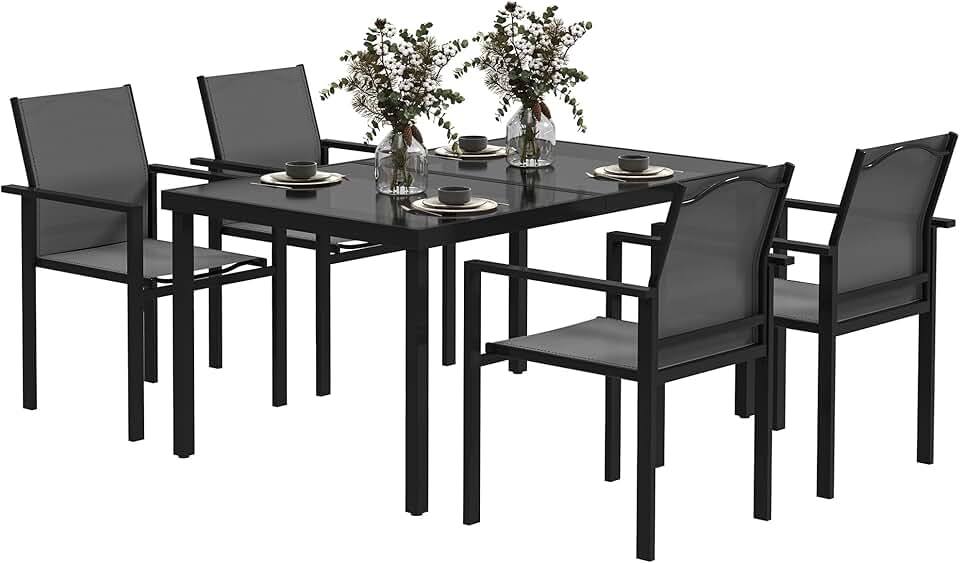 jardinite - salon de jardin extérieur 4 places - table verre 140 cm, chaises empilables, noir