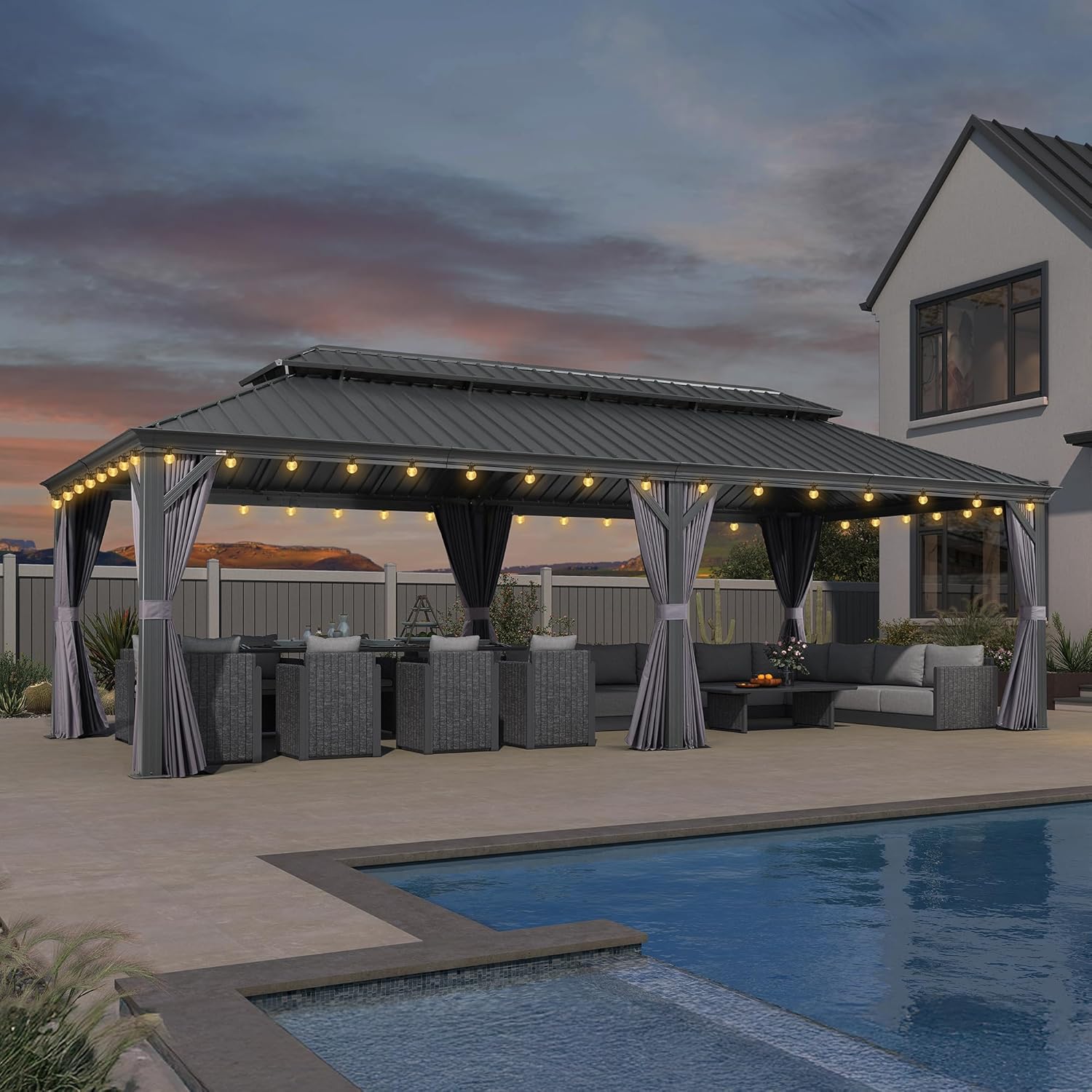 jardinite - Pergola série extérieure - 8,5x4,25m - alu, LED, rideaux, moustiquaires, gouttière
