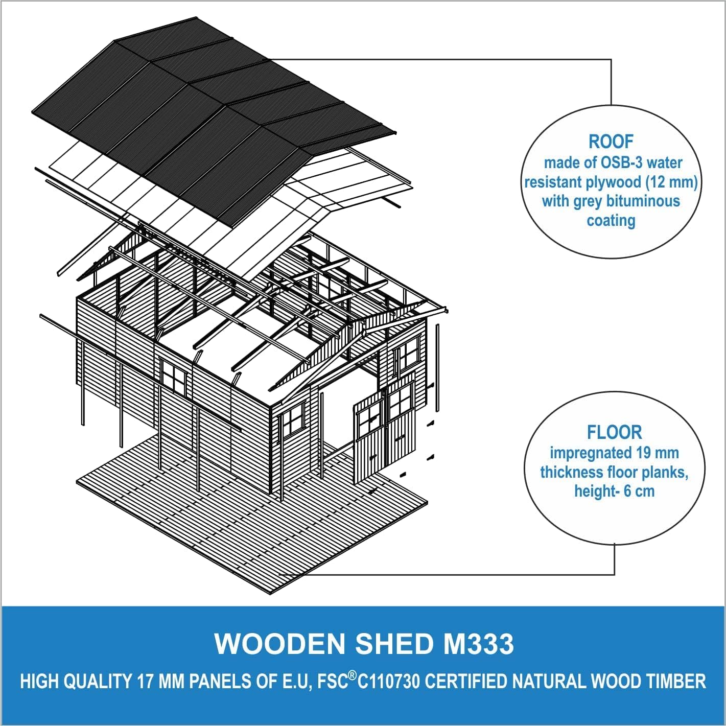 Abri de Jardin en Bois Exterieur avec Les PLANCHERS IMPRÉGNÉ- Maison de Jardin en Pin/épicéa-H246x418x522 cm/20 m²-Construction de Panneaux- Rangement pour vélos, Remise à Outils-jardinite M333 +M333G