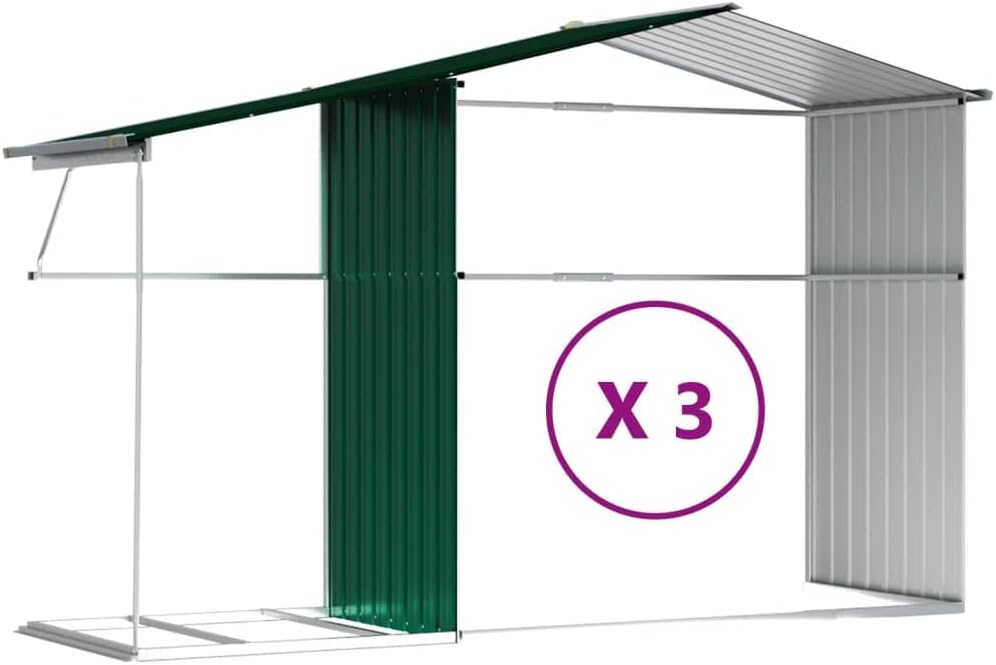 Abri de jardin acier galvanisé 277x365,5x179cm, vert, support bois, 4 aérations