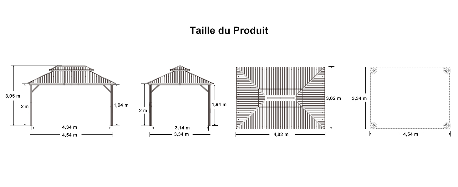 Schéma technique montrant les dimensions et la structure d'un grand bâtiment ou d'un abri. Les vues multiples incluent les perspectives latérales, frontales et supérieures avec des mesures.