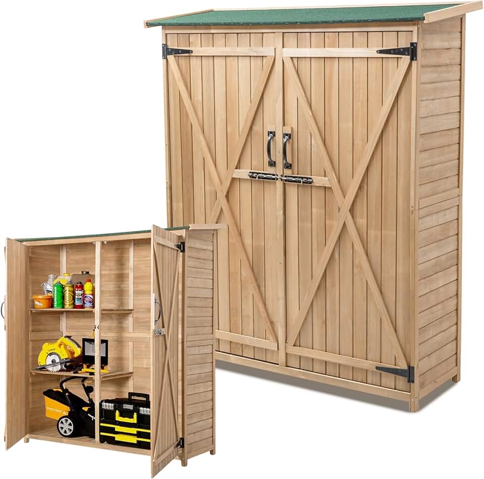 jardinite Abri de Jardin en Bois 140x50x162 cm, Abri à Outils avec Toit en Asphalte Incliné, Portes et Étagères Double Fermeture, Meuble de Rangement pour Extérieur Arrière-Cour Patio Pelouse