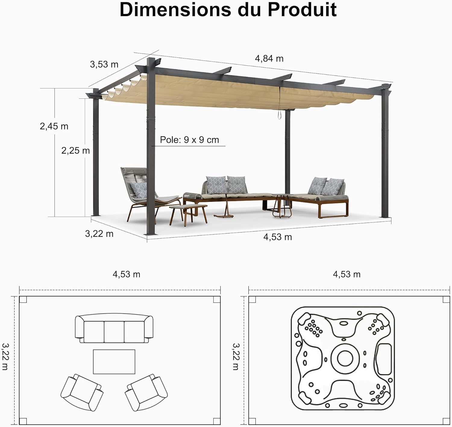 jardinite - Pergola aluminium série - 4,8x3,5m - toit coulissant, tissu teint fil, kaki