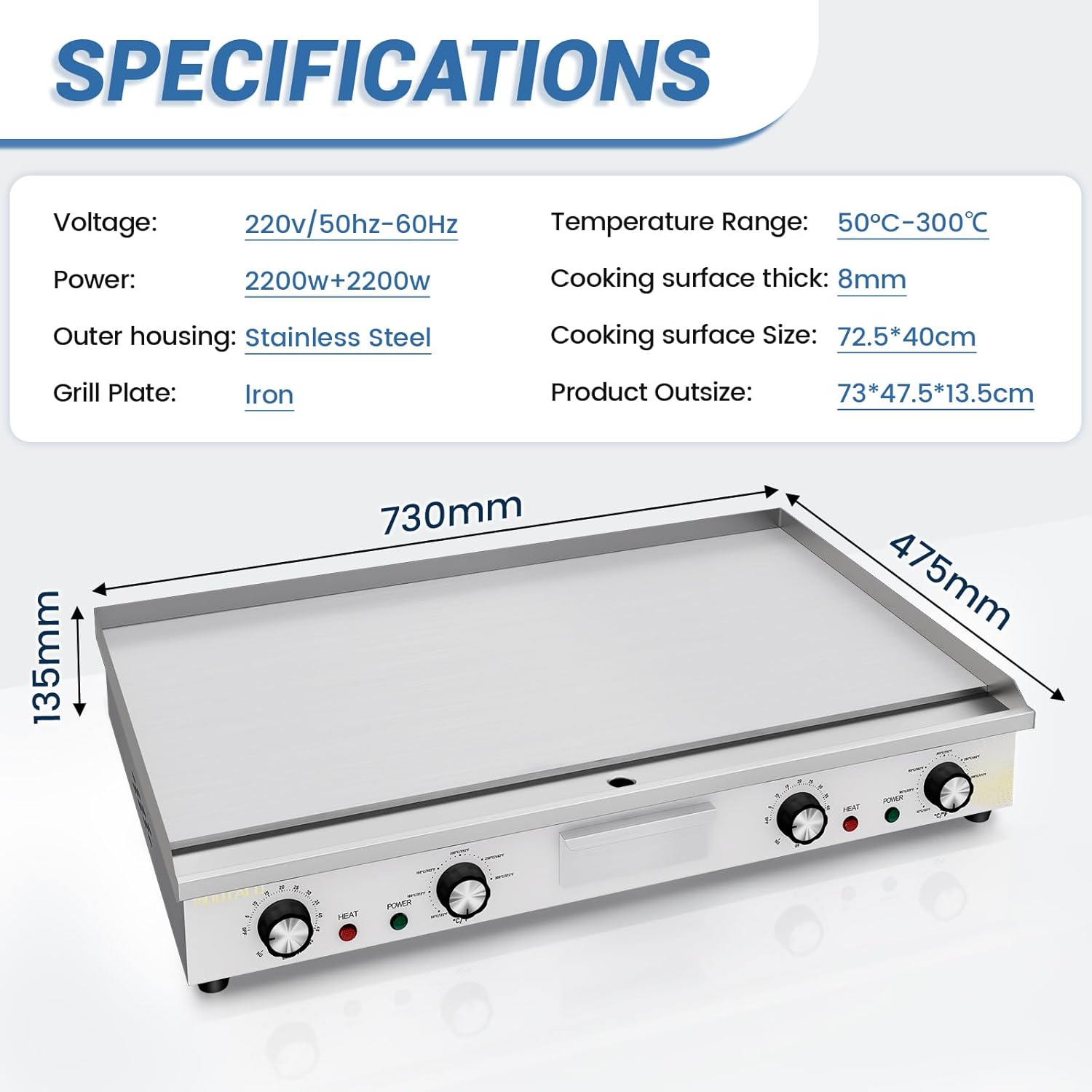 Plancha électrique inoxydable - 73x40 cm - contrôle température réglable, minuterie