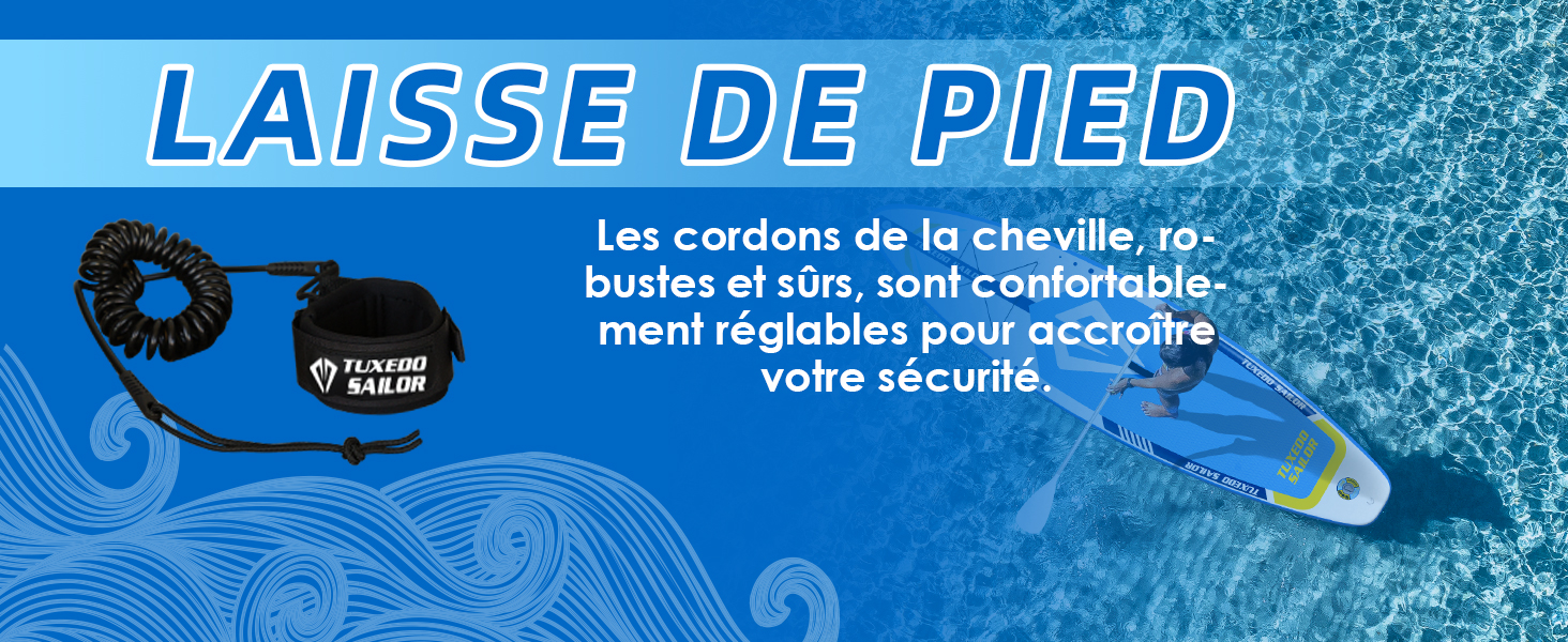 Image promotionnelle teintée en bleu pour les sangles de cheville ou la laisse, montrant l'équipement de sécurité sur fond d'eau avec texte en français