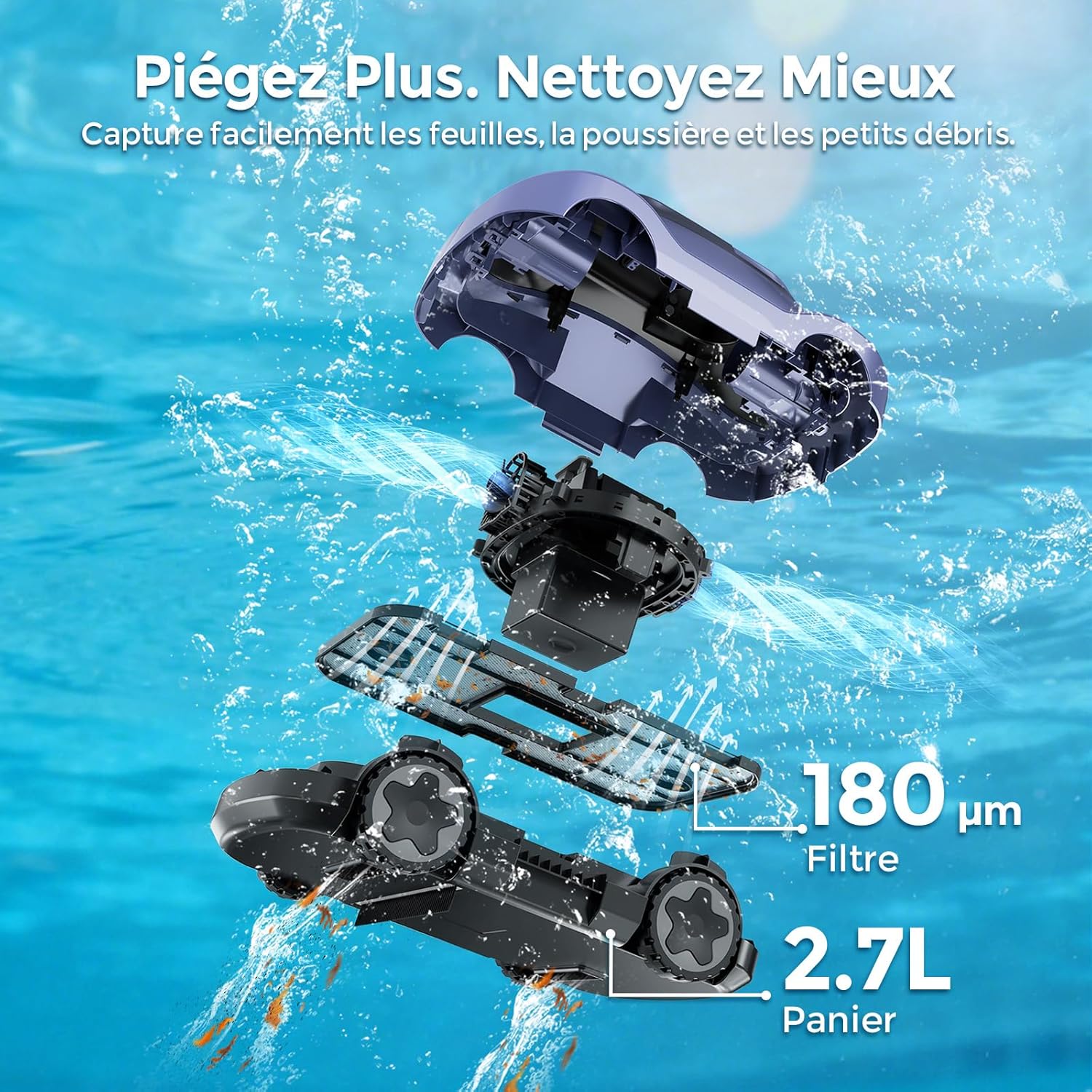 Robot piscine sans fil - 180min autonomie, filtration fine, 200m², aspiration puissante