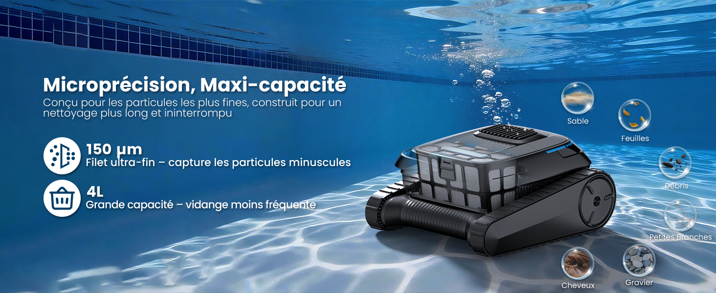 Le texte indique « Microperforé, MAXI-capacité » avec code QR et spécifications du produit. Récipient de rangement extérieur résistant à l'eau noir illustré sur fond d'eau bleu.