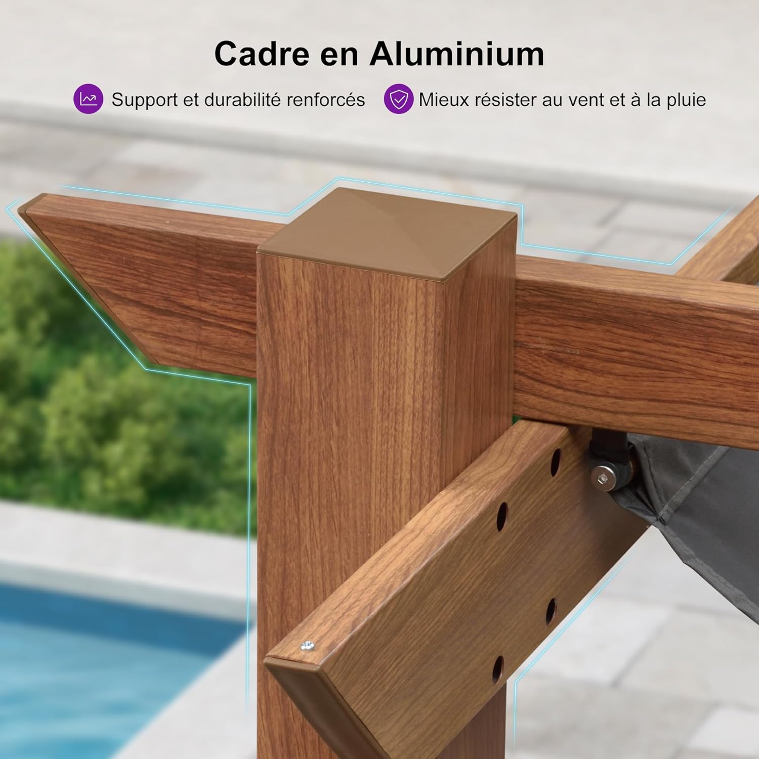 jardinite - Pergola aluminium - 4x3m - toile rétractable, teck, imperméable