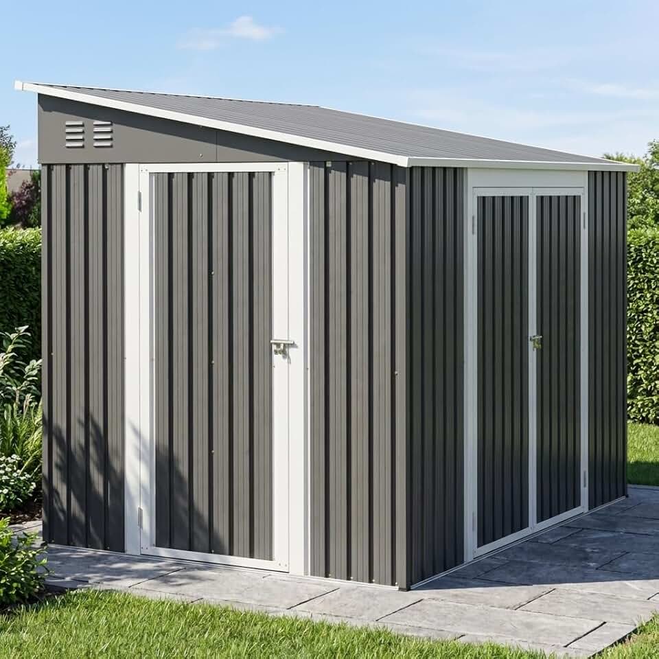 Abri de Jardin Métal 1,8 x 2,4 m – Double Porte Verrouillable avec Sol Inclus – Résistant aux Intempéries pour Rangement des Outils de Jardinage, Tondeuse et Vélo