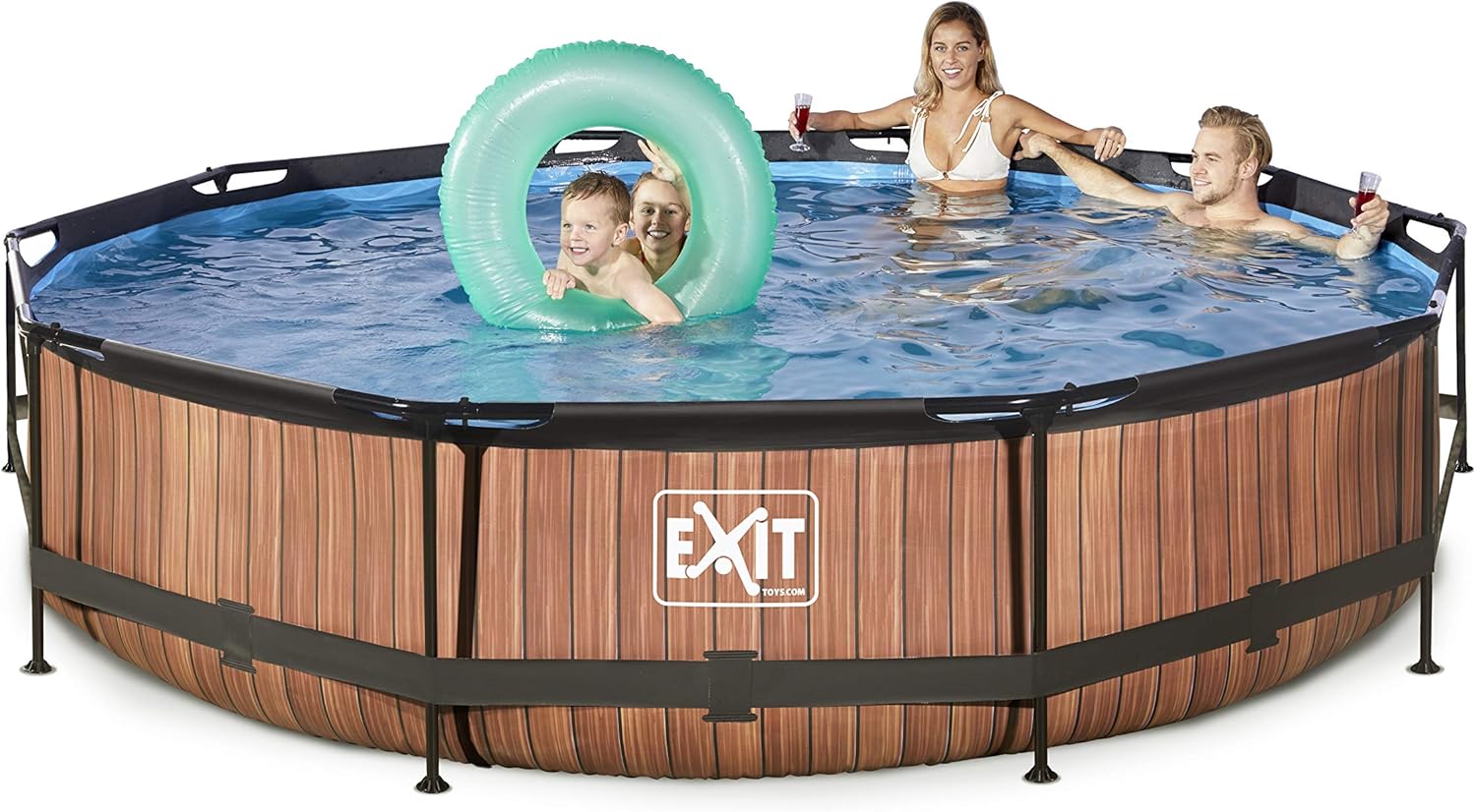 jardinite Piscine Tubulaire Wood - ø360x76cm - Piscine Hors Sol Ronde Grande avec Pompe Filtrante à Cartouche - Entrée Basse - Idéal pour Les Jeunes Enfants - Cadre Stable - Design Unique - Marron