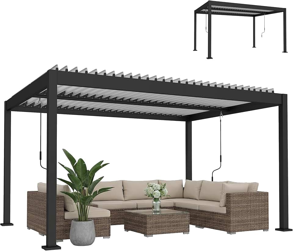 jardinite - Pergola Bioclimatique - 4x3m - alu blanc, toit lames orientables, manivelle