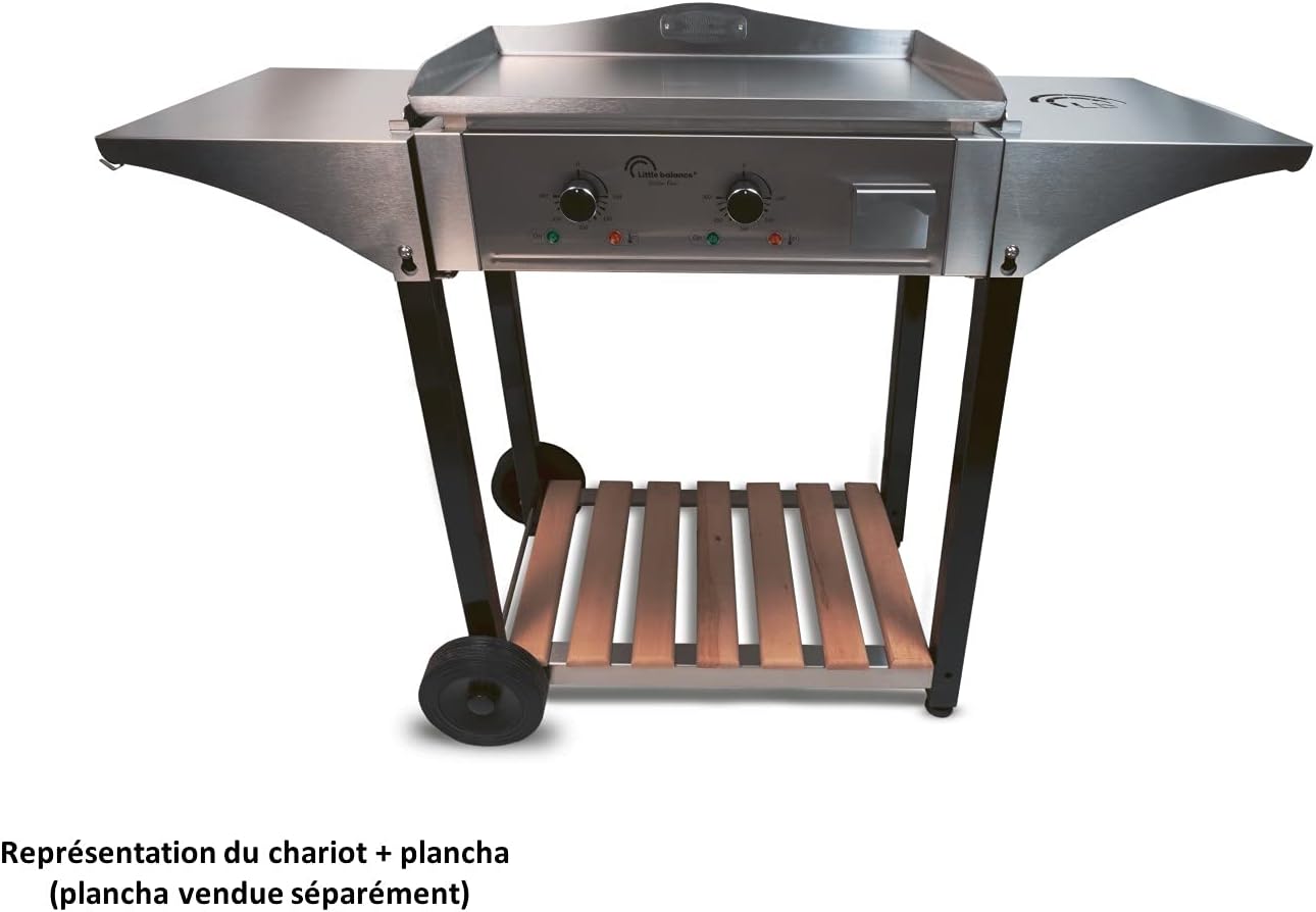 jardinite - Chariot plancha Aquitaine Pro - inox/bois, roulettes, dessertes latérales - 8477