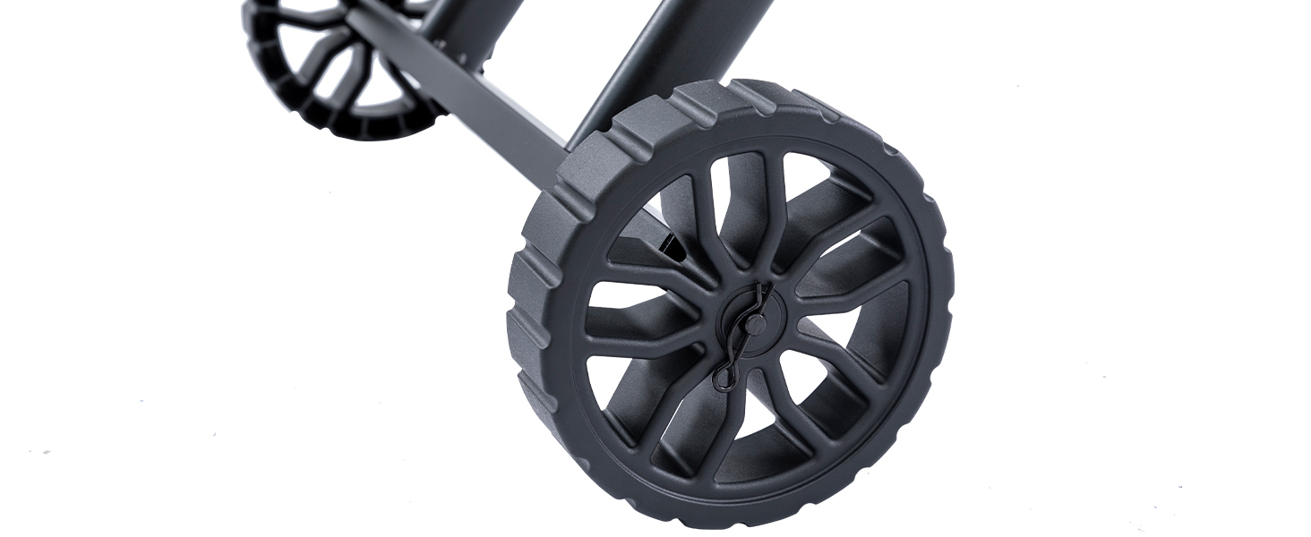 Ensemble de roues en plastique noir à rayons multiples et à bande de roulement robuste, probablement pour les équipements de plein air ou