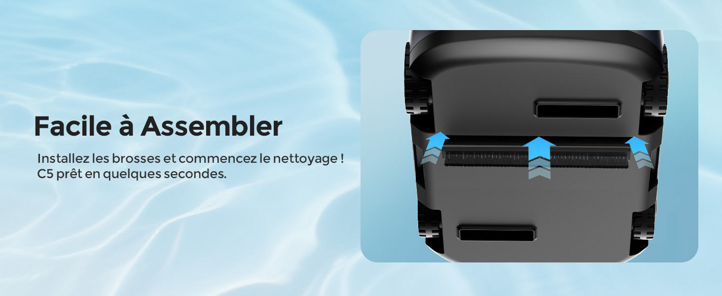Le texte indique « Facile à assembler ». Schéma technique illustrant les étapes de montage ou d'installation avec des accents bleus sur fond clair.