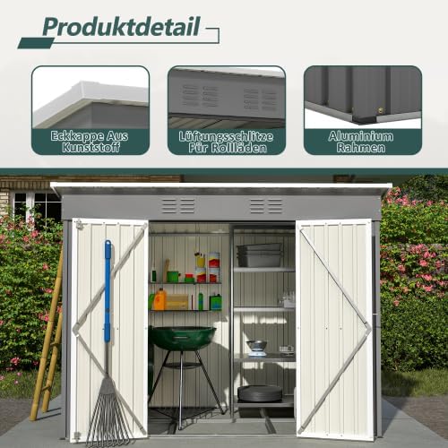 Abri de jardin, abri à outils, en métal, 229 x 111 cm, avec fondation, résistant aux intempéries, gris pour vélos et outils